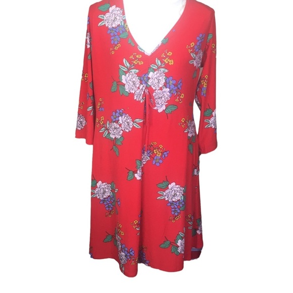 Bobbie Brooks Soft Plus Size Red Floral Dress 1X Rushed V neck - Picture 1 of 8